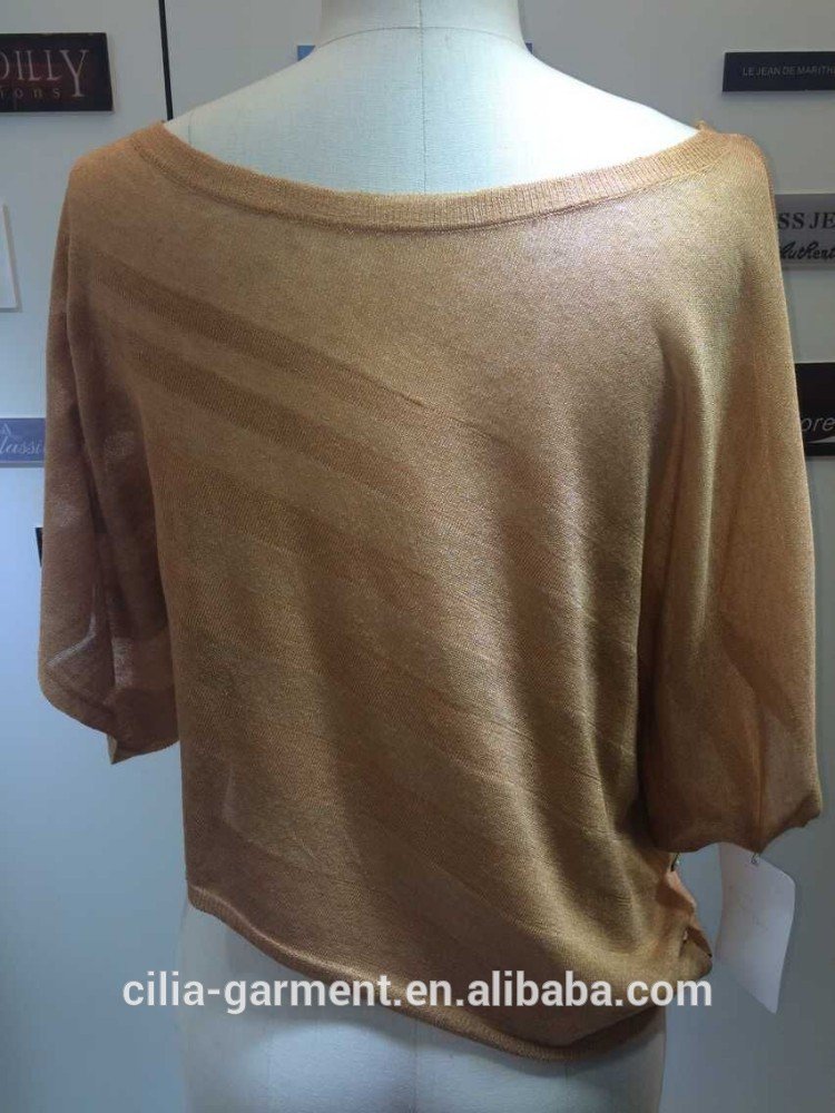 2015 new fashion young lady sweater with short sleeve bat ladies shirt(75%viscose14%ramie 10%nylon)