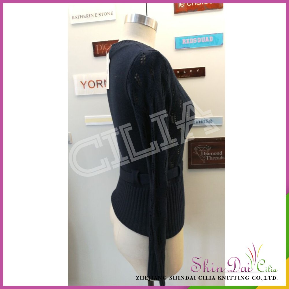 China supplier hot sale lady girl black frock knit sweater with hollow jacquard