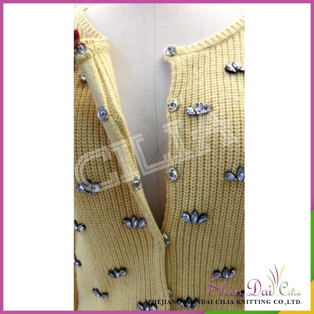 Cheap wholesale latest new style ladies orange fancy cardigan sweater with rhinestones