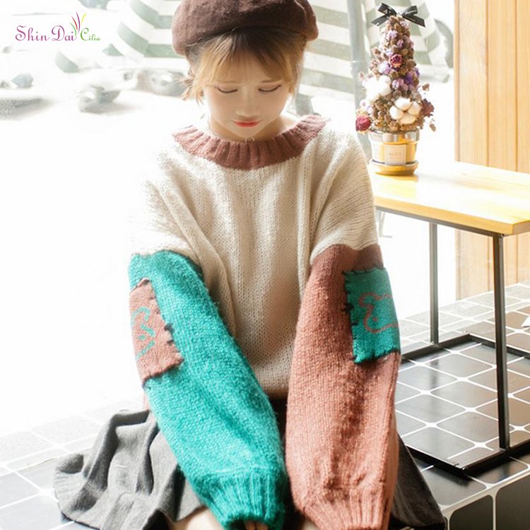 Custom Long Lantern Sleeve O-Neck Knitted Pullover Lovely Girl Sweater