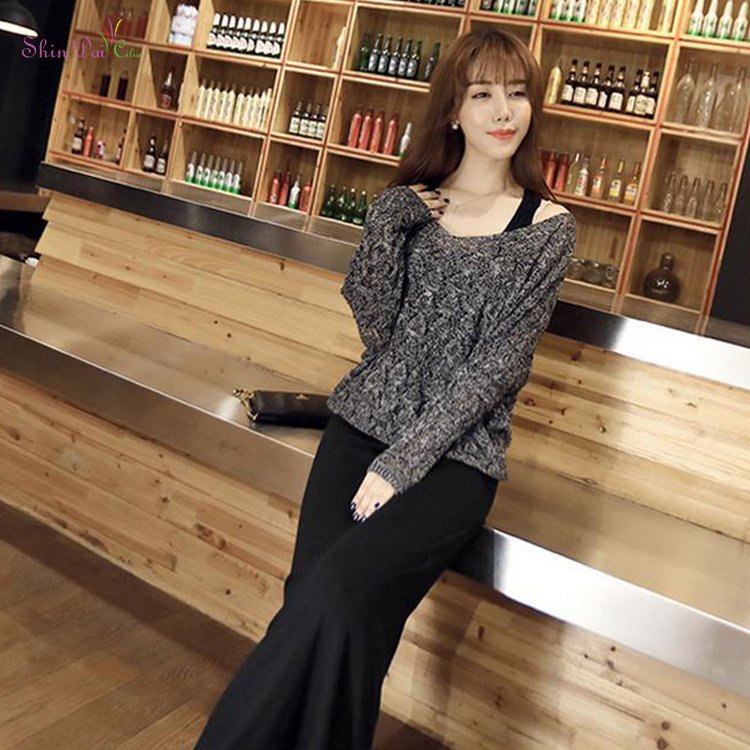 Good design women's ladies fancy deep v neck knitted hollow pullover sweater