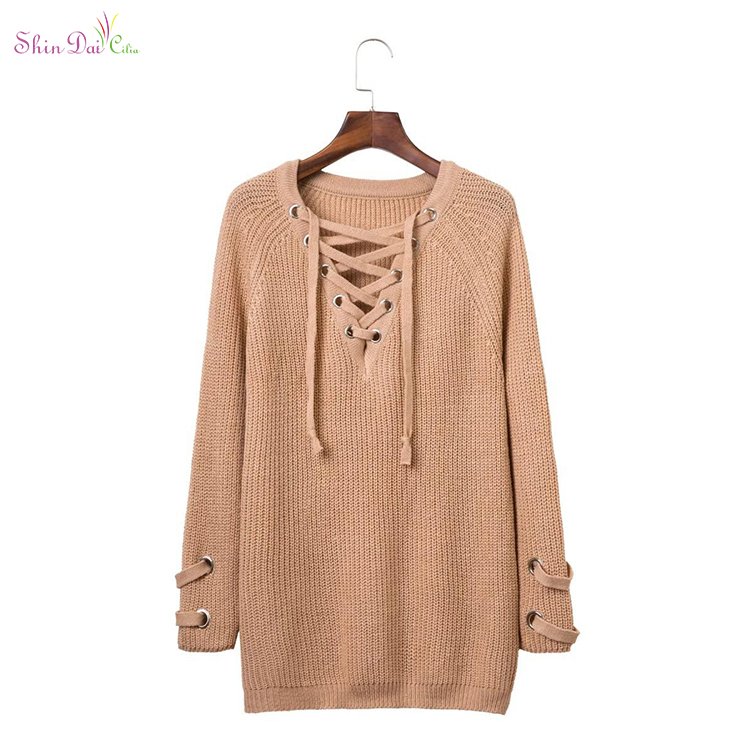 Directly sell from factory new sexy womens girl knitwear lace up pullover sweater