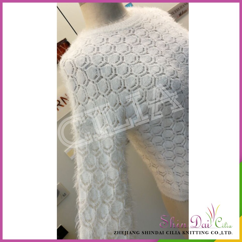 Factory directly provide white women round collar mohair pullover sweater