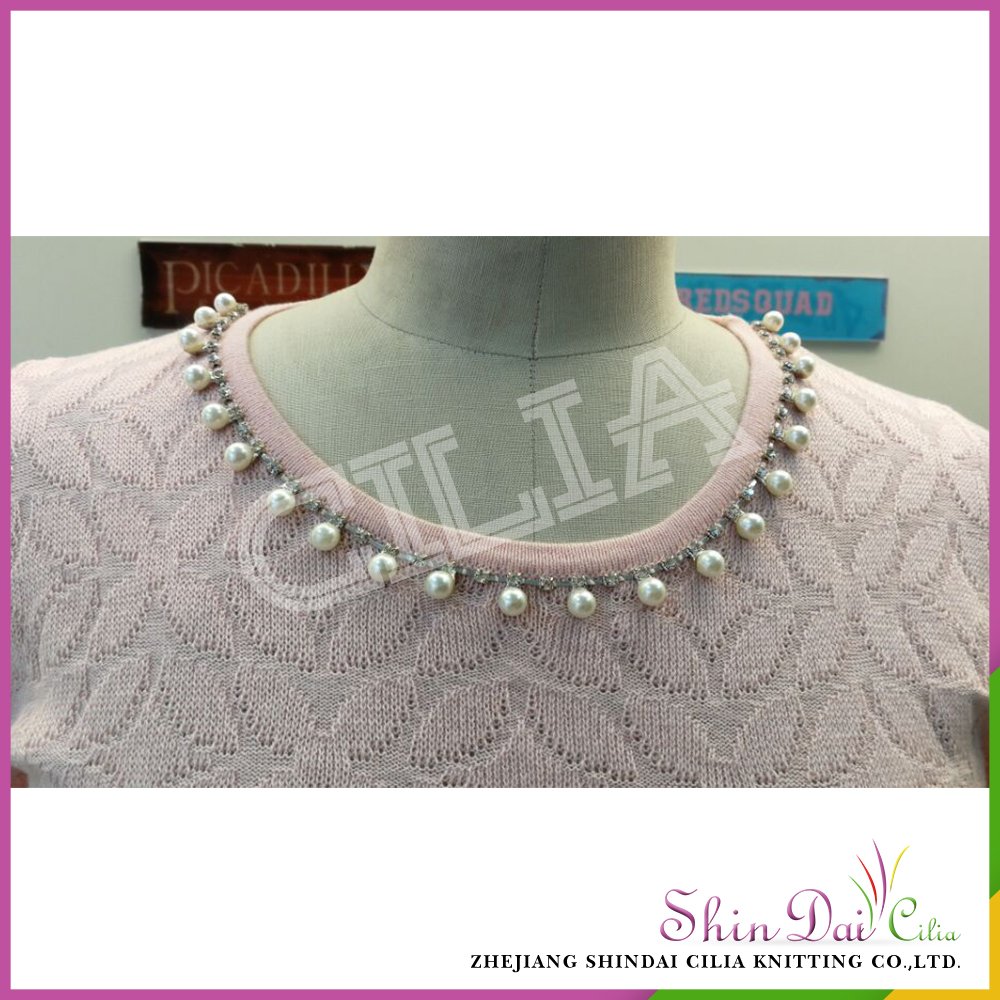 Fashion pretty pink ladies spring summer fancy pullover sweater with pearl