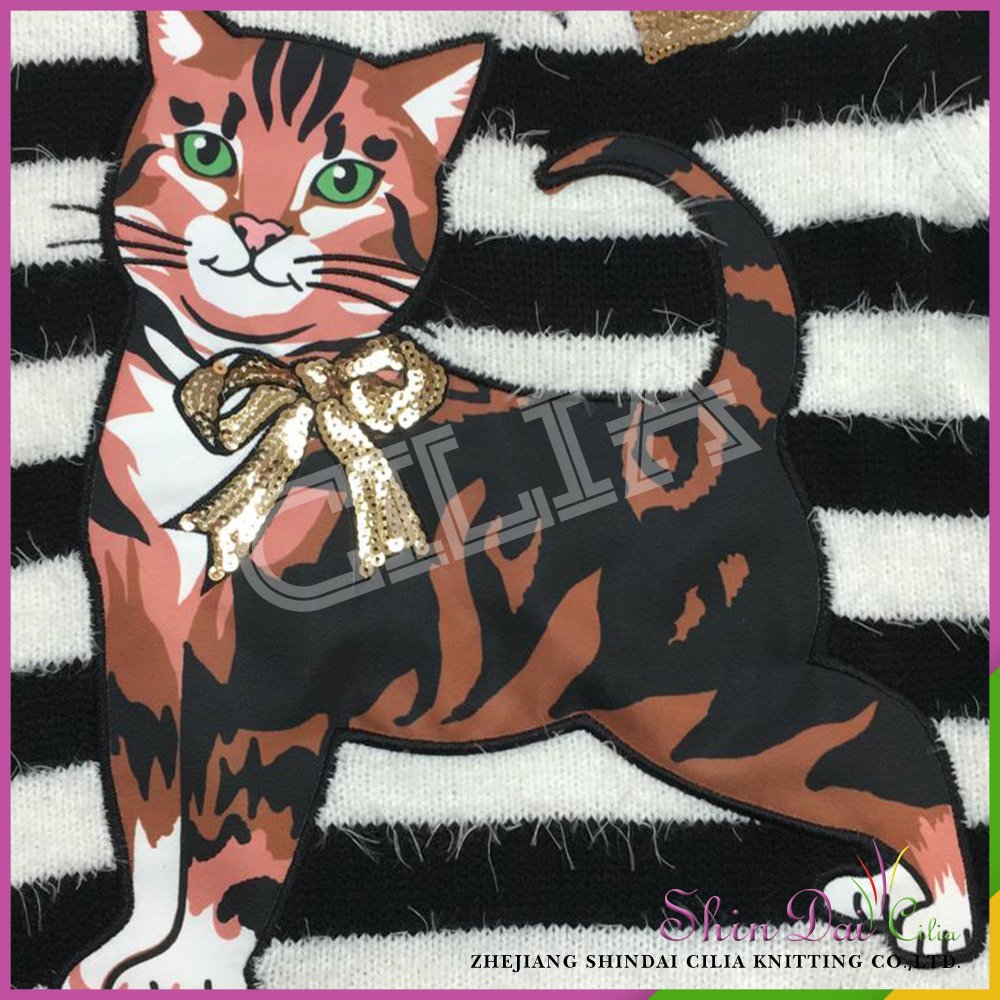 Wholesales new design girls stylish knitted pullover sweater with cat embroider