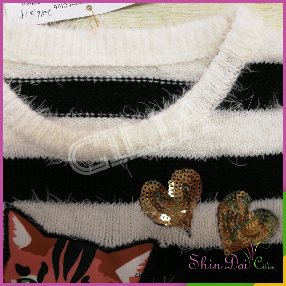 Wholesales new design girls stylish knitted pullover sweater with cat embroider