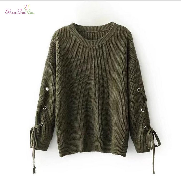 Best selling women ladies' oversized round neck knitted lace up pullover sweater