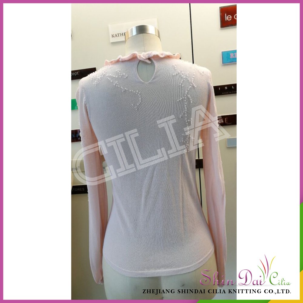 Favorable price sale girl pure color knitted pullover sweater with bead