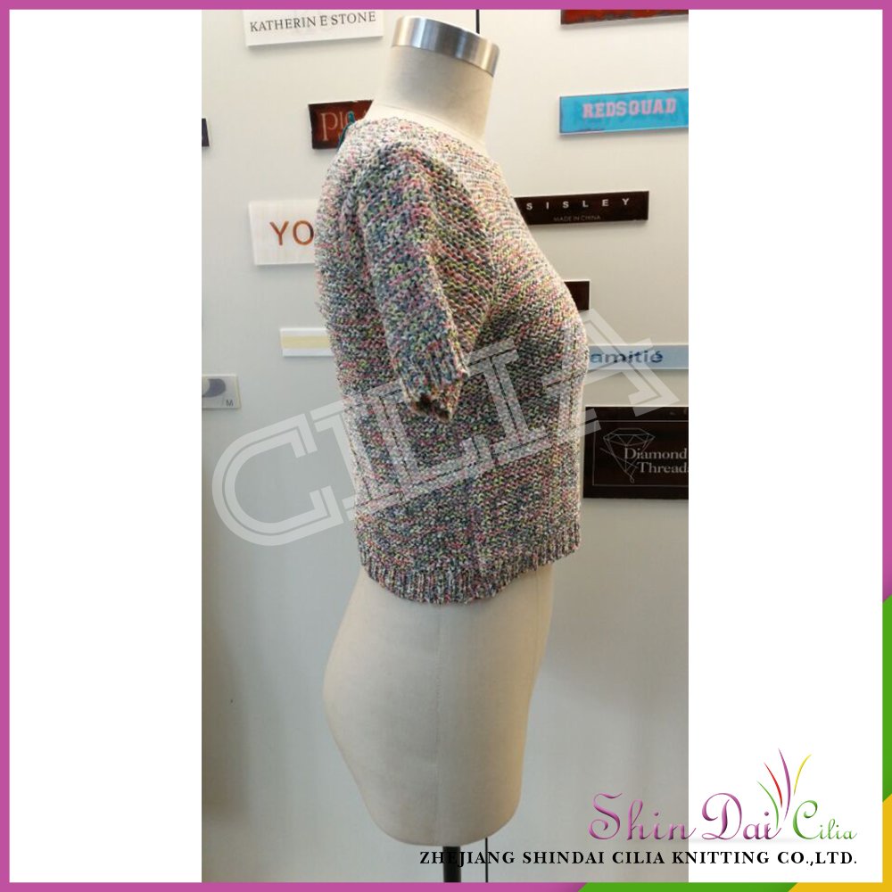 China supplier hot sale women spring summer half sleeve knitted shirt sweater with tapy yarn
