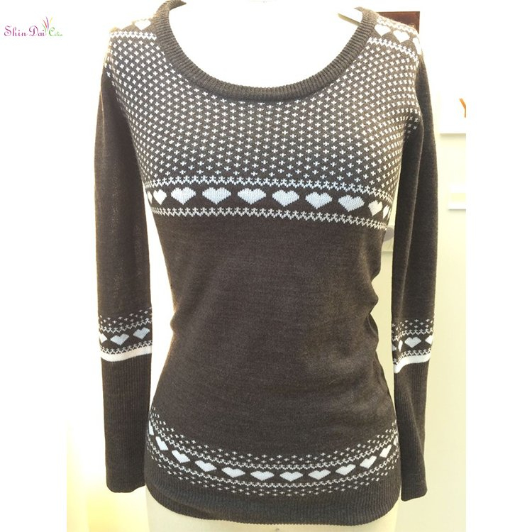 Hot selling high quality ladies plain knitted jacquard women pullover sweater