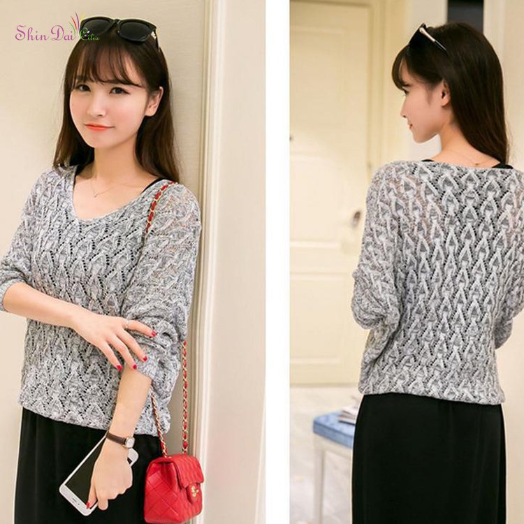 Good design women's ladies fancy deep v neck knitted hollow pullover sweater
