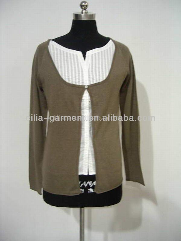 LADY SWEATER,Ladies' knitted cardigan with fabric front panel