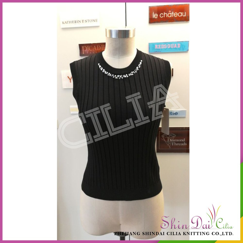 Super value wholesale black lady round neck collar sleeveless vest sweater with pearl
