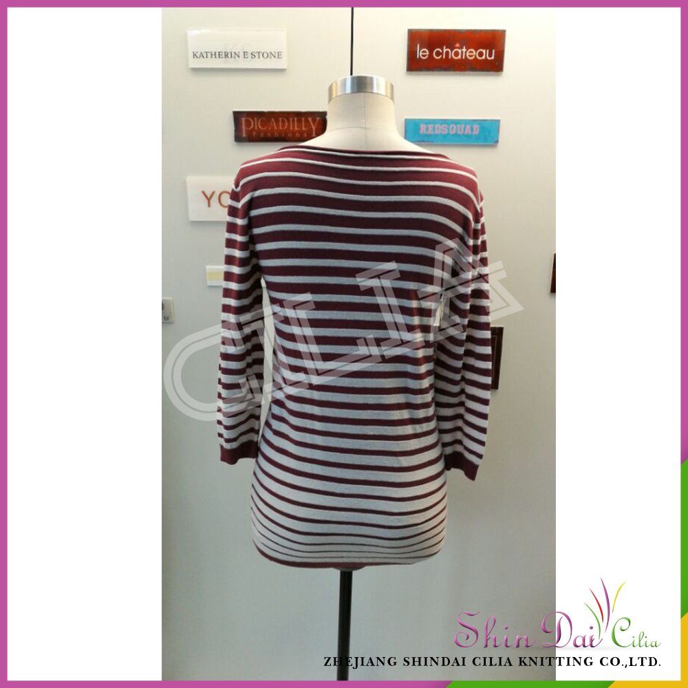 Top hot selling ladies hand knitted striped long pullover sweater