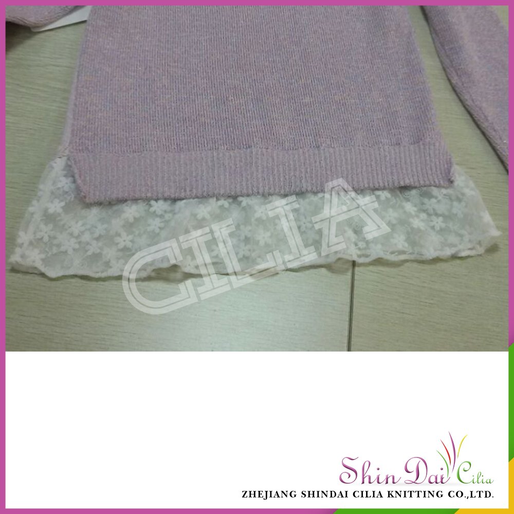 China factory latest design pretty girl pink winter warm sweater with lace and lurex