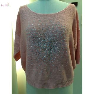 Latest designs lady women orange pink knitted pullover sweater with studs