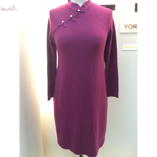 Burgundy mature women ladies winter in tight long knitted robe sweater dress
