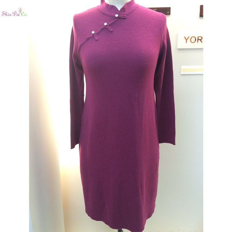Burgundy mature women ladies winter in tight long knitted robe sweater dress