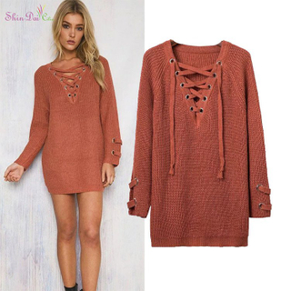Directly sell from factory new sexy womens girl knitwear lace up pullover sweater