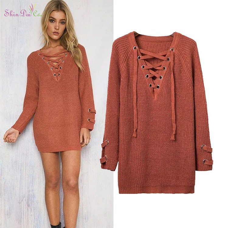 Directly sell from factory new sexy womens girl knitwear lace up pullover sweater