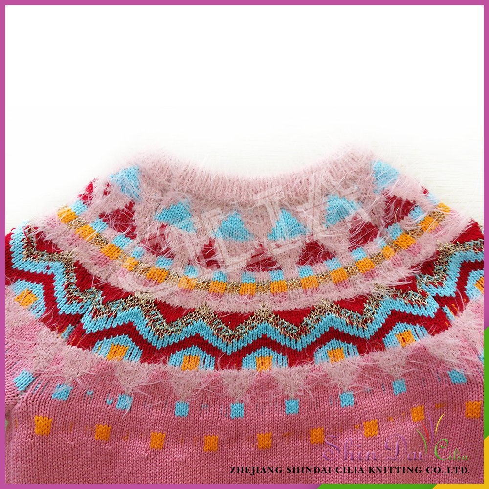 Factory directly wholesale pink color combination german girl sweater pullover with jacquard