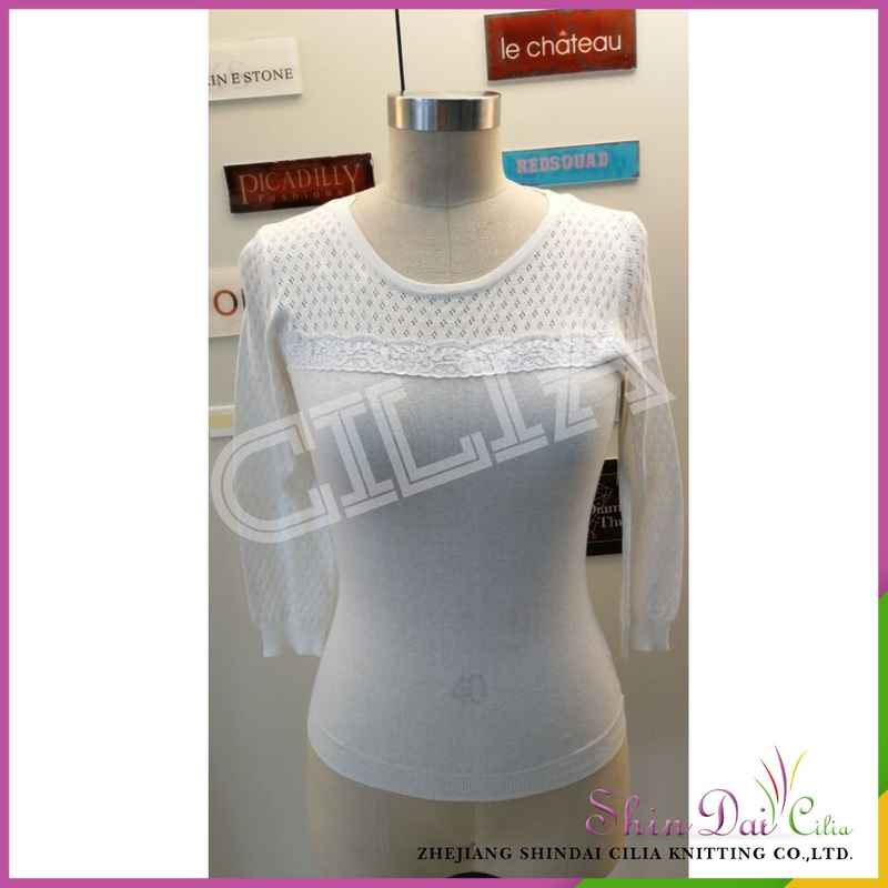 High quality ladies woman fancy knitting jacquard patterns chandail sweater with lace