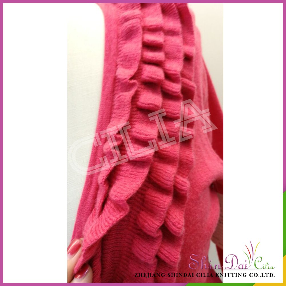 Wholesale new design lady women red woolen cardigan sweater with falbala