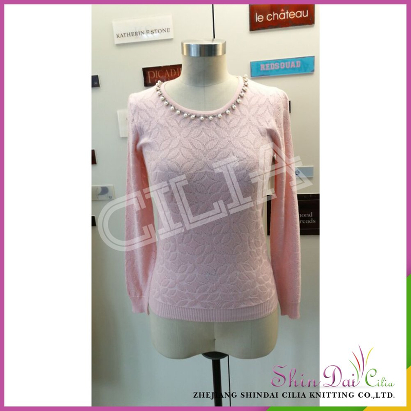 Fashion pretty pink ladies spring summer fancy pullover sweater with pearl