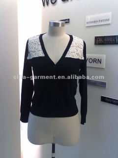 12gg flat knit cardigan with lace at shoulder lady sweater