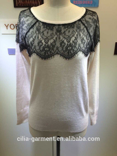 2015 new fashion young lady sweater with lace