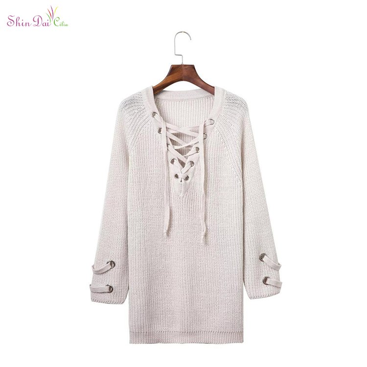 Directly sell from factory new sexy womens girl knitwear lace up pullover sweater