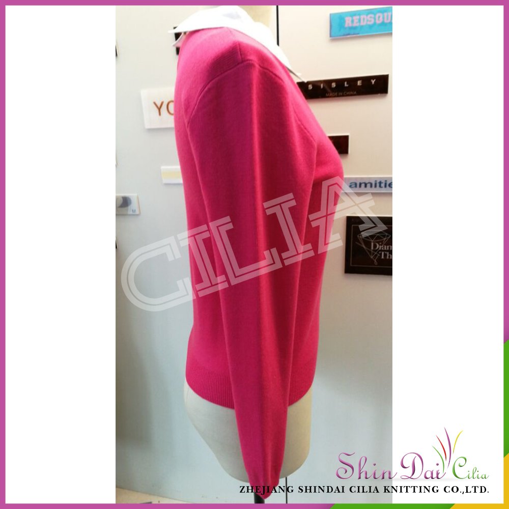 Good design sexy women's rose red knitted pullover sweater with white shirt collar