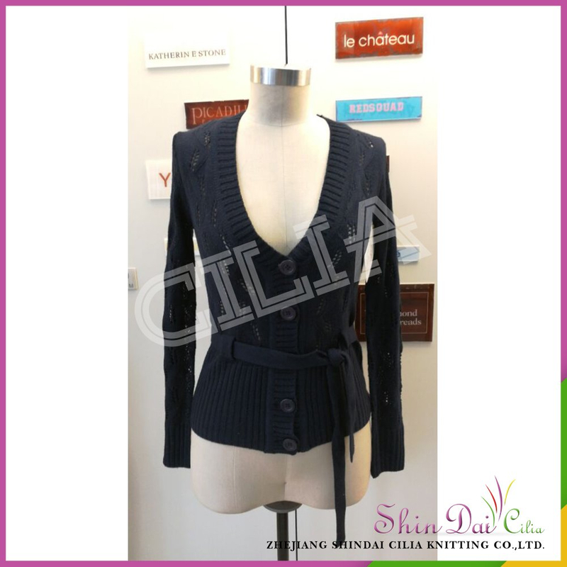China supplier hot sale lady girl black frock knit sweater with hollow jacquard