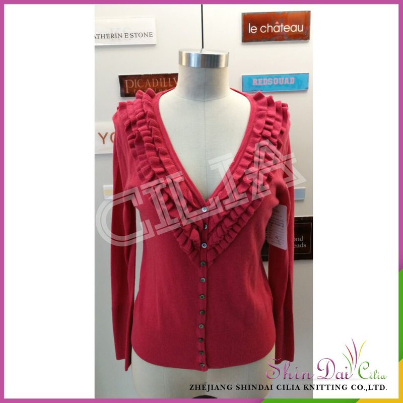 Wholesale new design lady women red woolen cardigan sweater with falbala