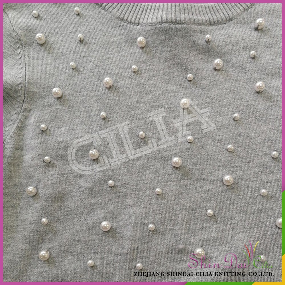 Factory directly provide girl grey fancy winter warm pullover sweater with pearl