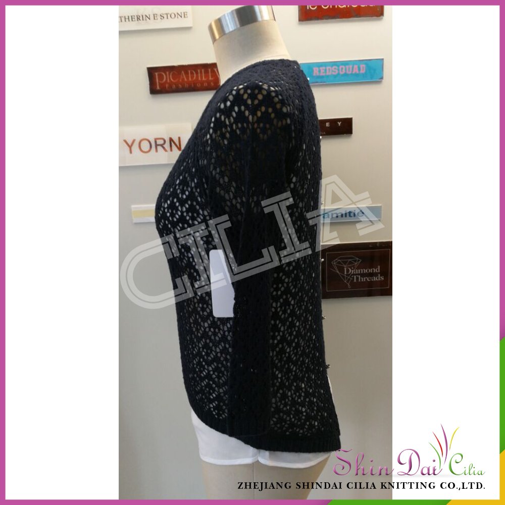 Modern design lady black round neck knitting hollow sweater with woven fabric