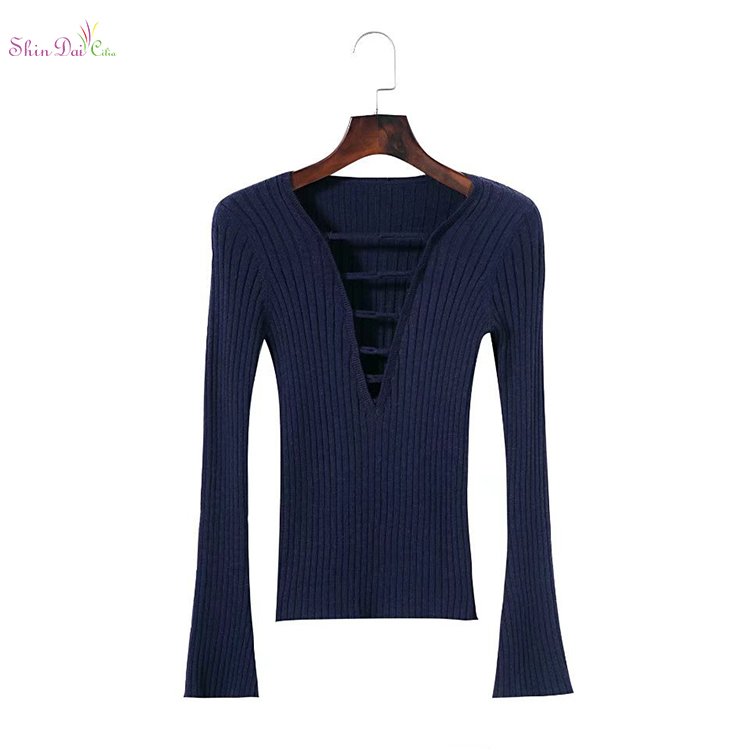 Fashion cheap custom womens fashion v neck lace up skinny spring knitting sweater