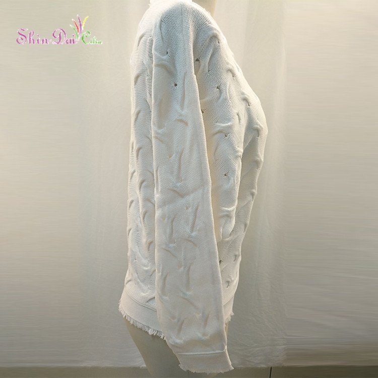 New Arrival Spring Fall Ladies White Fur Sleeve Tassels Hem Knitted Pullover Sweater