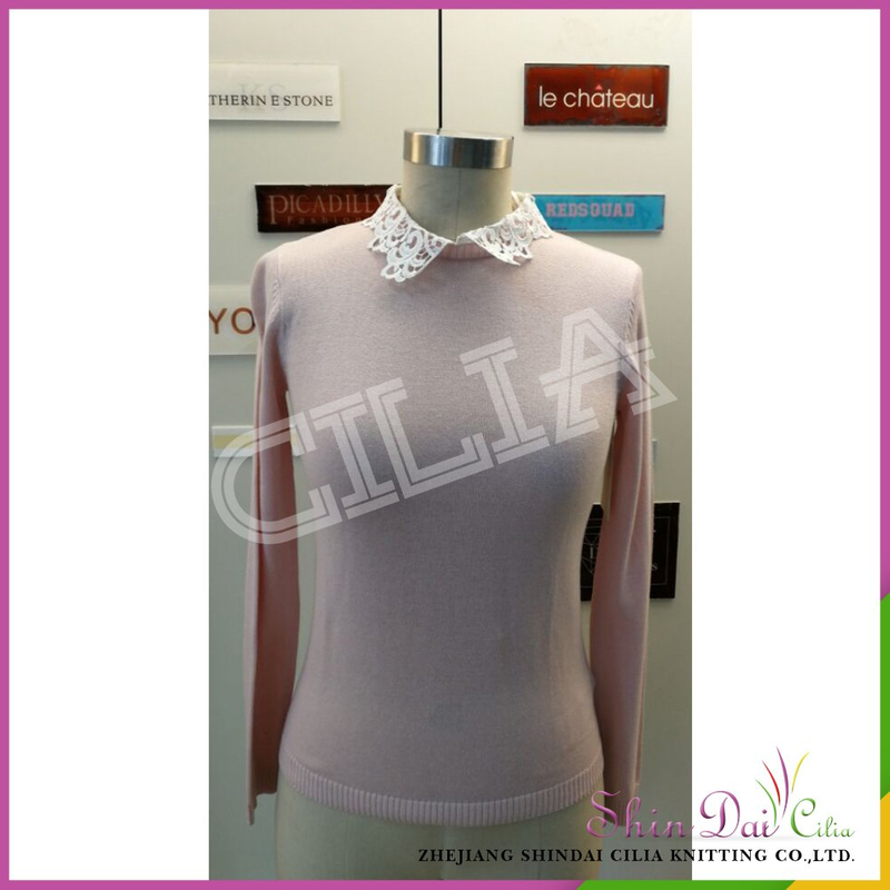 Top selling lady spring summer blank tight pullover sweater with white lace neck