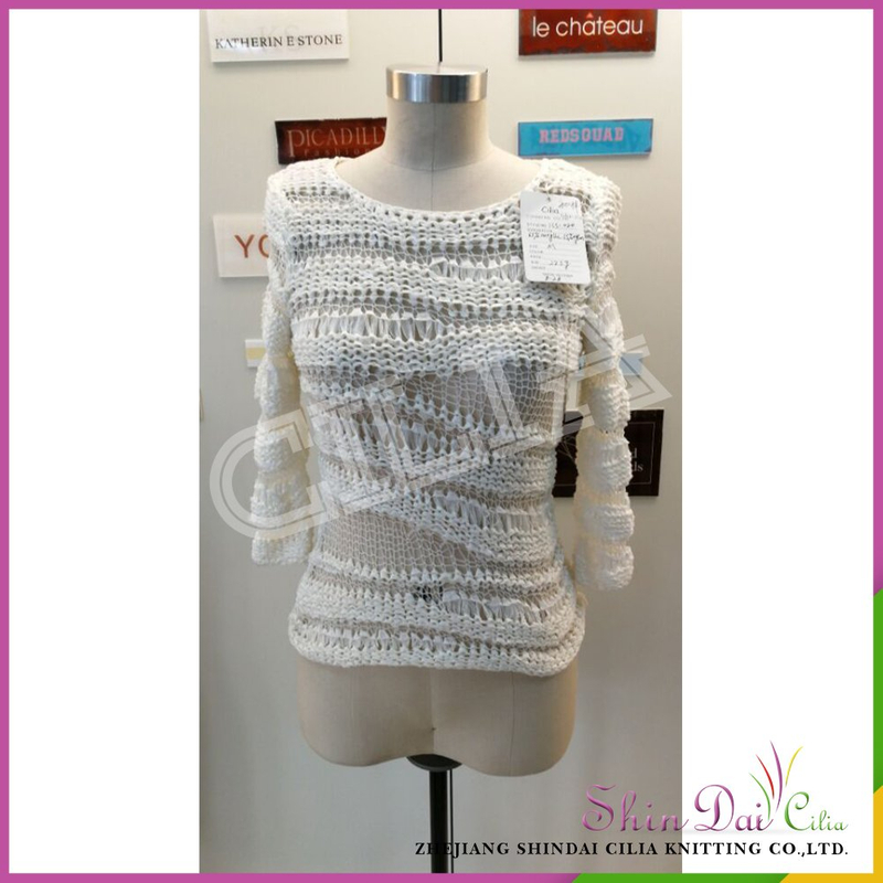 Factory latest designs white spring distressed hollow pullover sweater for girls