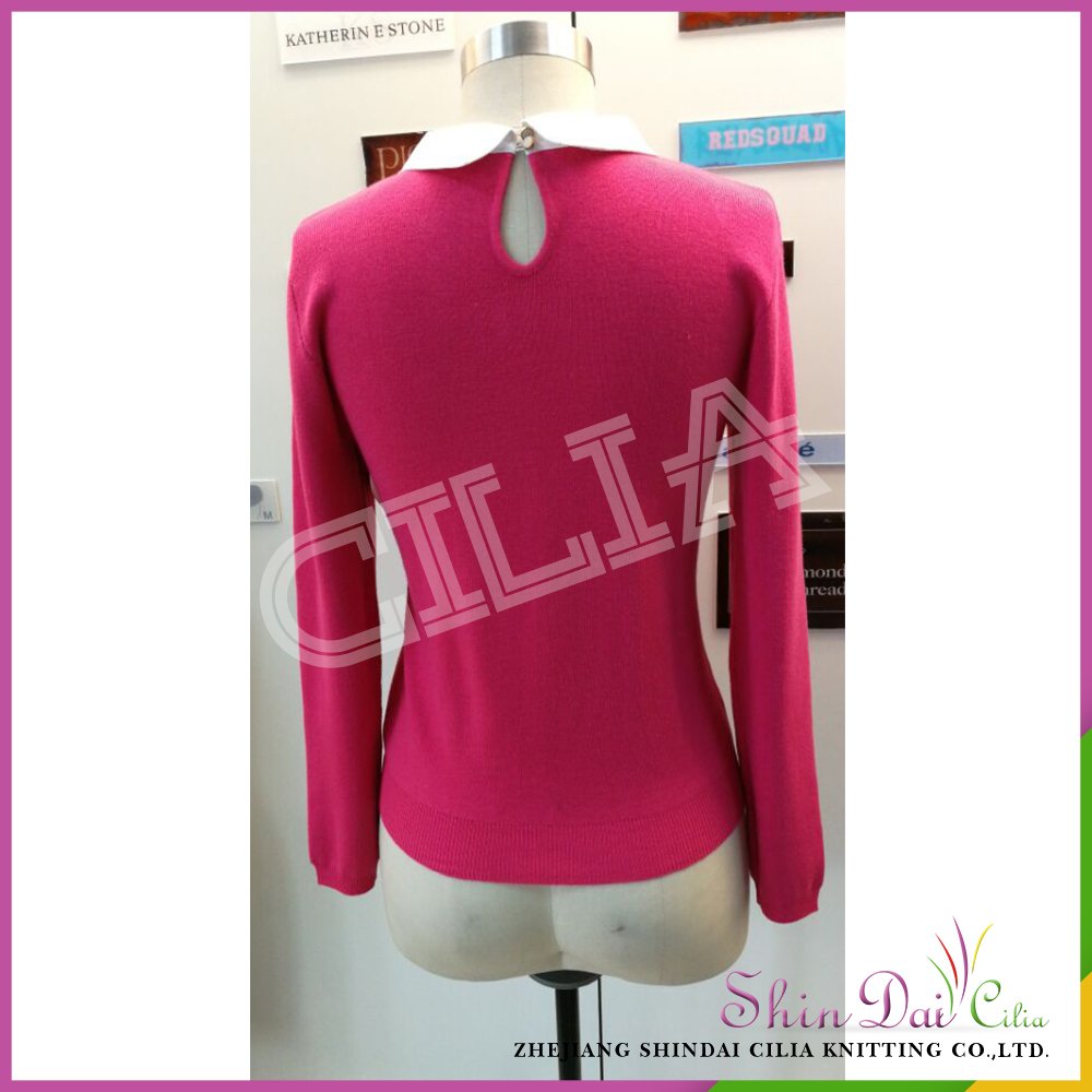 Good design sexy women's rose red knitted pullover sweater with white shirt collar
