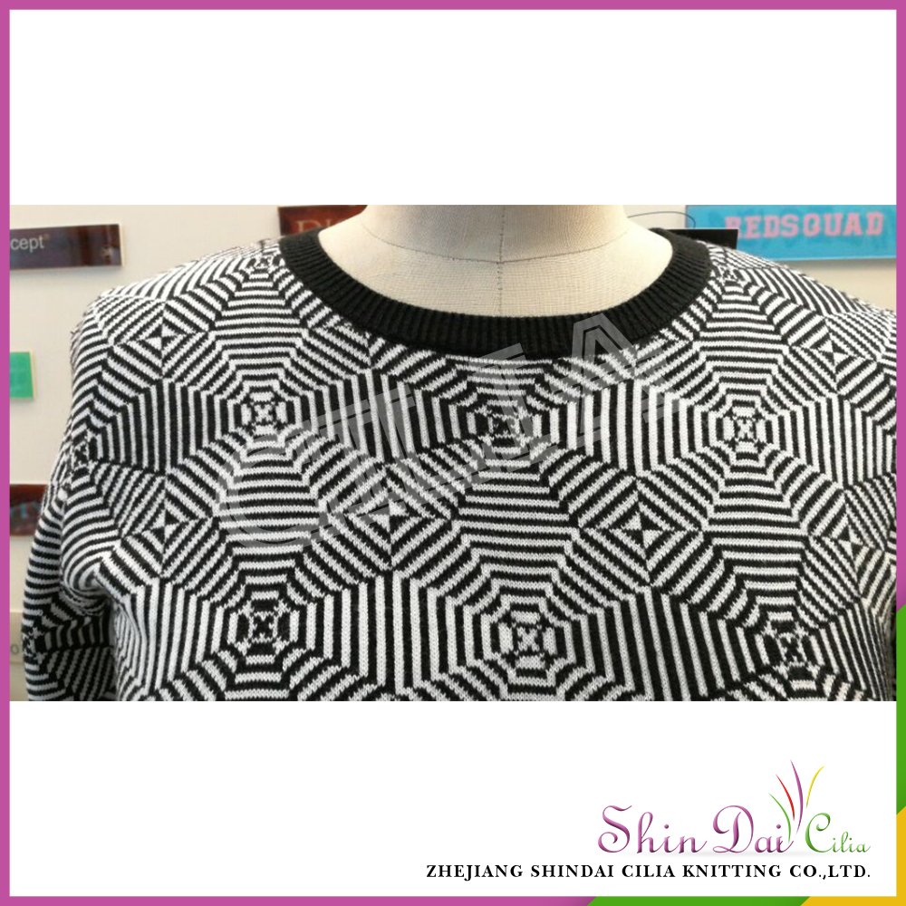 Cheap custom autumn winter lady knit sweater with geometrical pattern jacquard