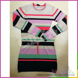 Hot sale children plus size rainbow knitting stripe patterns drawstring sweater dresses