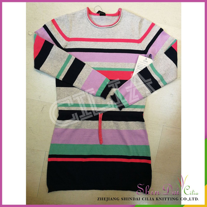 Hot sale children plus size rainbow knitting stripe patterns drawstring sweater dresses