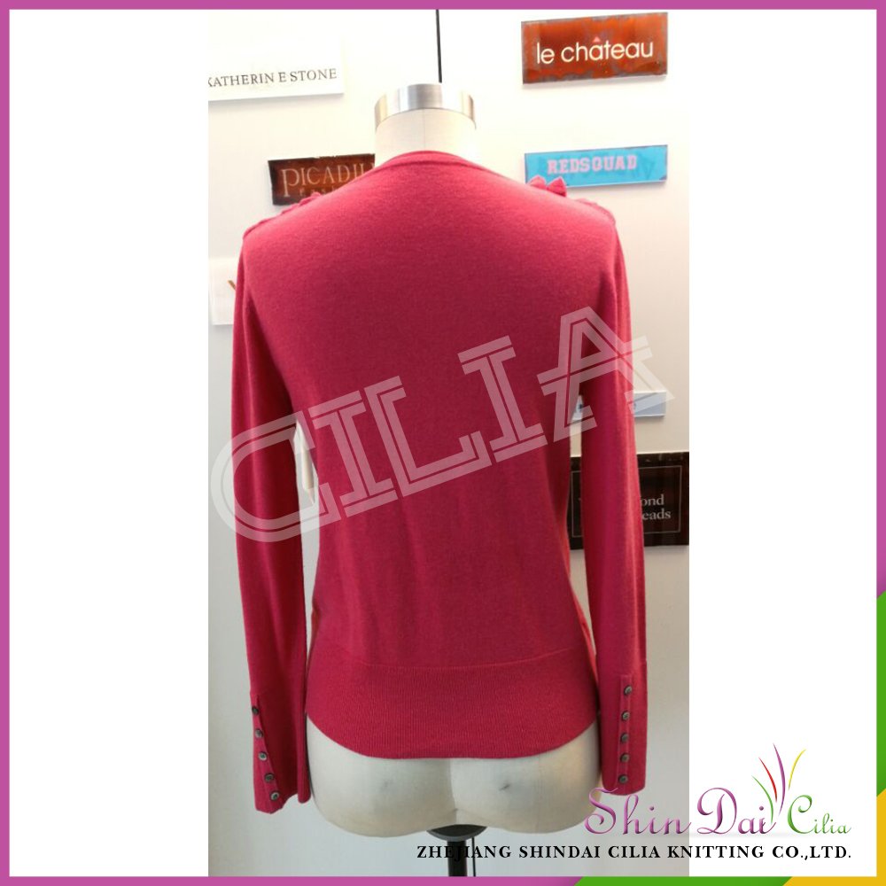 Wholesale new design lady women red woolen cardigan sweater with falbala