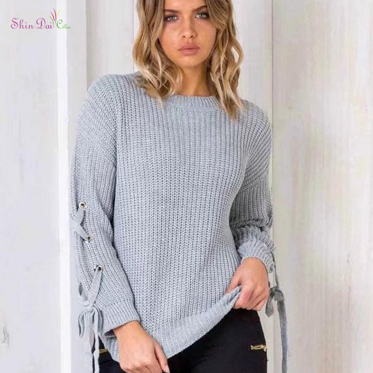 Best selling women ladies' oversized round neck knitted lace up pullover sweater