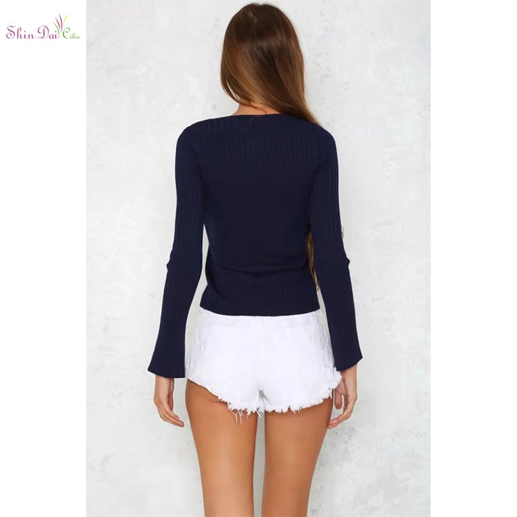 Fashion cheap custom womens fashion v neck lace up skinny spring knitting sweater