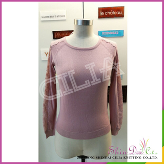 Cute and fashion woman pink round neck collar knitted pullover sweater with lace