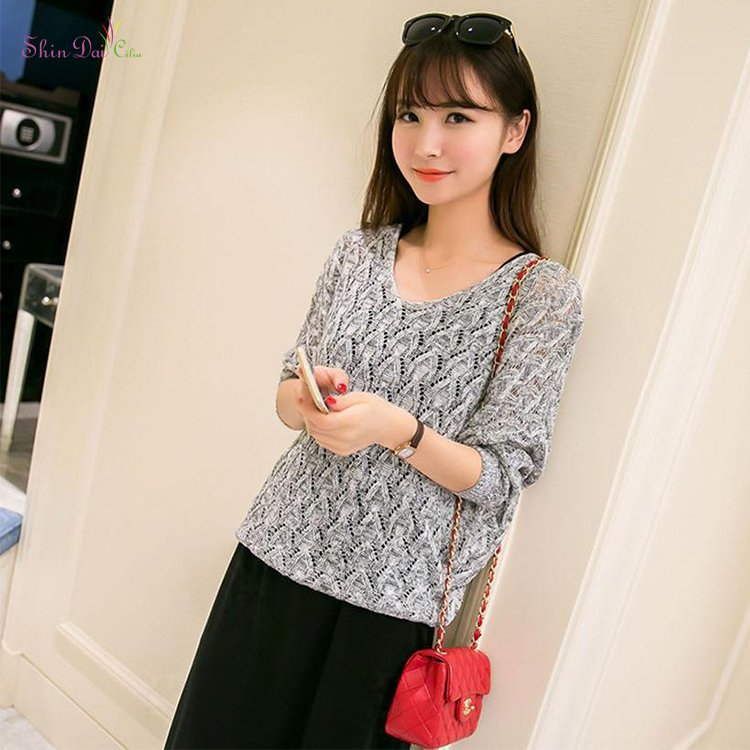Good design women's ladies fancy deep v neck knitted hollow pullover sweater