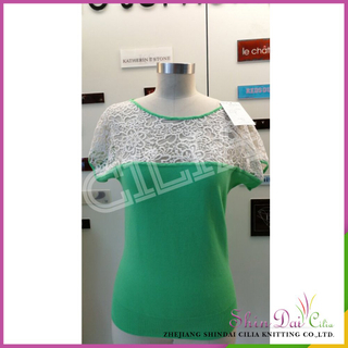 Private label spring summer green 12gg knitting pullover sweater with lace